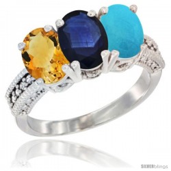 10K White Gold Natural Citrine, Blue Sapphire & Turquoise Ring 3-Stone Oval 7x5 mm Diamond Accent