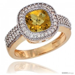 14k Yellow Gold Ladies Natural Whisky Quartz Ring Cushion-cut 3.5 ct. 7x7 Stone Diamond Accent