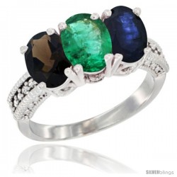 14K White Gold Natural Smoky Topaz, Emerald & Blue Sapphire Ring 3-Stone 7x5 mm Oval Diamond Accent