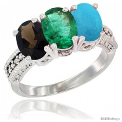 14K White Gold Natural Smoky Topaz, Emerald & Turquoise Ring 3-Stone 7x5 mm Oval Diamond Accent