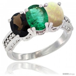 14K White Gold Natural Smoky Topaz, Emerald & Opal Ring 3-Stone 7x5 mm Oval Diamond Accent