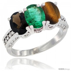 14K White Gold Natural Smoky Topaz, Emerald & Tiger Eye Ring 3-Stone 7x5 mm Oval Diamond Accent