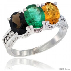 14K White Gold Natural Smoky Topaz, Emerald & Whisky Quartz Ring 3-Stone 7x5 mm Oval Diamond Accent