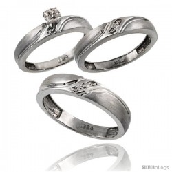 Sterling Silver 3-Pc. Trio His (5mm) & Hers (4mm) Diamond Wedding Ring Band Set, w/ 0.062 Carat Brilliant Cut Diamonds
