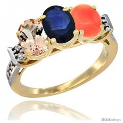 10K Yellow Gold Natural Morganite, Blue Sapphire & Coral Ring 3-Stone Oval 7x5 mm Diamond Accent