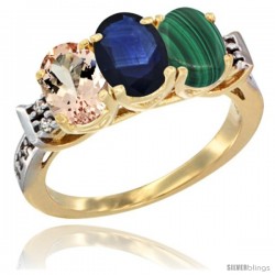 10K Yellow Gold Natural Morganite, Blue Sapphire & Malachite Ring 3-Stone Oval 7x5 mm Diamond Accent