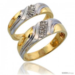 14k Gold 2-Piece His (7mm) & Hers (5mm) Diamond Wedding Band Set w/ Rhodium Accent, w/ 0.14 Carat Brilliant Cut Diamonds