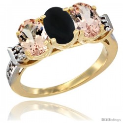 10K Yellow Gold Natural Black Onyx & Morganite Sides Ring 3-Stone Oval 7x5 mm Diamond Accent