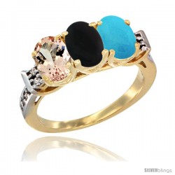 10K Yellow Gold Natural Morganite, Black Onyx & Turquoise Ring 3-Stone Oval 7x5 mm Diamond Accent