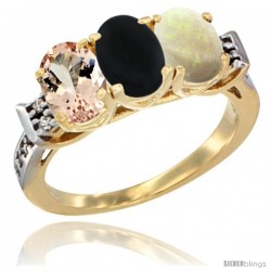 10K Yellow Gold Natural Morganite, Black Onyx & Opal Ring 3-Stone Oval 7x5 mm Diamond Accent