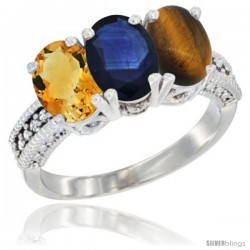 10K White Gold Natural Citrine, Blue Sapphire & Tiger Eye Ring 3-Stone Oval 7x5 mm Diamond Accent