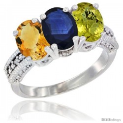 10K White Gold Natural Citrine, Blue Sapphire & Lemon Quartz Ring 3-Stone Oval 7x5 mm Diamond Accent