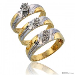 14k Gold 3-Piece Trio His (7mm) & Hers (5mm) Diamond Wedding Band Set w/ Rhodium Accent, w/ 0.24 Carat Brilliant Cut Diamonds