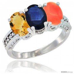 10K White Gold Natural Citrine, Blue Sapphire & Coral Ring 3-Stone Oval 7x5 mm Diamond Accent