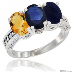 10K White Gold Natural Citrine, Blue Sapphire & Lapis Ring 3-Stone Oval 7x5 mm Diamond Accent