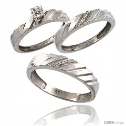 Sterling Silver 3-Pc. Trio His (5mm) & Hers (4mm) Diamond Wedding Ring Band Set, w/ 0.075 Carat Brilliant Cut Diamonds