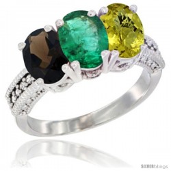 14K White Gold Natural Smoky Topaz, Emerald & Lemon Quartz Ring 3-Stone 7x5 mm Oval Diamond Accent