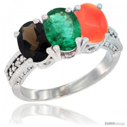 14K White Gold Natural Smoky Topaz, Emerald & Coral Ring 3-Stone 7x5 mm Oval Diamond Accent