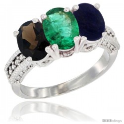 14K White Gold Natural Smoky Topaz, Emerald & Lapis Ring 3-Stone 7x5 mm Oval Diamond Accent