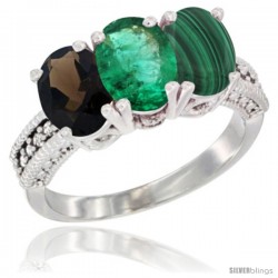 14K White Gold Natural Smoky Topaz, Emerald & Malachite Ring 3-Stone 7x5 mm Oval Diamond Accent