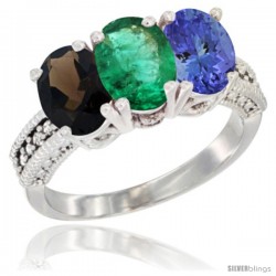 14K White Gold Natural Smoky Topaz, Emerald & Tanzanite Ring 3-Stone 7x5 mm Oval Diamond Accent