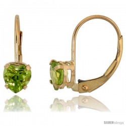 10k Yellow Gold Natural Peridot Leverback Heart Earrings 5mm August Birthstone, 9/16 in tall