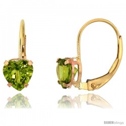 10k Yellow Gold Natural Peridot Leverback Heart Earrings 6mm August Birthstone, 9/16 in tall