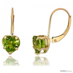 10k Yellow Gold Natural Peridot Leverback Heart Earrings 7mm August Birthstone, 9/16 in tall