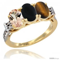 10K Yellow Gold Natural Morganite, Black Onyx & Tiger Eye Ring 3-Stone Oval 7x5 mm Diamond Accent