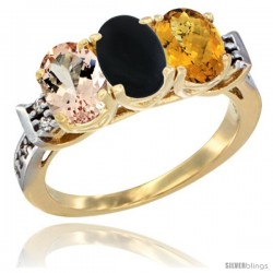 10K Yellow Gold Natural Morganite, Black Onyx & Whisky Quartz Ring 3-Stone Oval 7x5 mm Diamond Accent