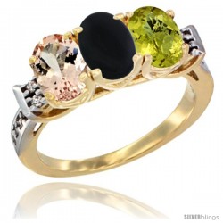 10K Yellow Gold Natural Morganite, Black Onyx & Lemon Quartz Ring 3-Stone Oval 7x5 mm Diamond Accent