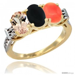 10K Yellow Gold Natural Morganite, Black Onyx & Coral Ring 3-Stone Oval 7x5 mm Diamond Accent