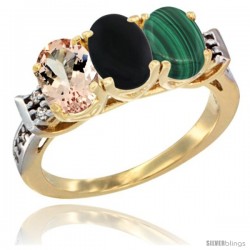 10K Yellow Gold Natural Morganite, Black Onyx & Malachite Ring 3-Stone Oval 7x5 mm Diamond Accent