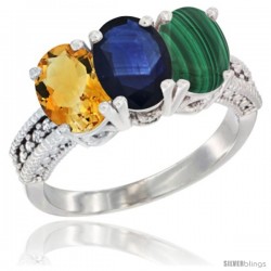 10K White Gold Natural Citrine, Blue Sapphire & Malachite Ring 3-Stone Oval 7x5 mm Diamond Accent