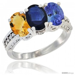 10K White Gold Natural Citrine, Blue Sapphire & Tanzanite Ring 3-Stone Oval 7x5 mm Diamond Accent