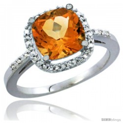 10k White Gold Natural Citrine Ring Cushion-cut 8x8 Stone Diamond Accent