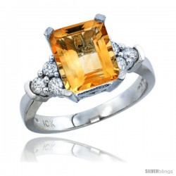 10K White Gold Natural Citrine Ring Emerald-shape 9x7 Stone Diamond Accent