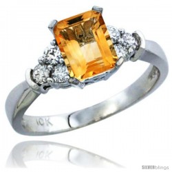 10K White Gold Natural Citrine Ring Emerald-shape 7x5 Stone Diamond Accent