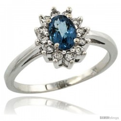 10k White Gold London Blue Topaz Diamond Halo Ring Oval Shape 1.2 Carat 6X4 mm, 1/2 in wide