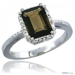 14k White Gold Ladies Natural Smoky Topaz Ring Emerald-shape 8x6 Stone Diamond Accent