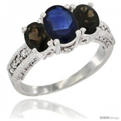 14k White Gold Ladies Oval Natural Blue Sapphire 3-Stone Ring with Smoky Topaz Sides Diamond Accent