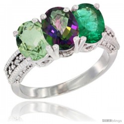 14K White Gold Natural Green Amethyst, Mystic Topaz & Emerald Ring 3-Stone 7x5 mm Oval Diamond Accent