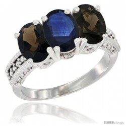 14K White Gold Natural Blue Sapphire & Smoky Topaz Ring 3-Stone 7x5 mm Oval Diamond Accent