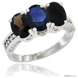 14K White Gold Natural Smoky Topaz, Blue Sapphire & Black Onyx Ring 3-Stone 7x5 mm Oval Diamond Accent