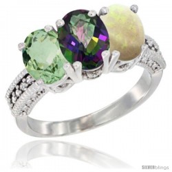 14K White Gold Natural Green Amethyst, Mystic Topaz & Opal Ring 3-Stone 7x5 mm Oval Diamond Accent