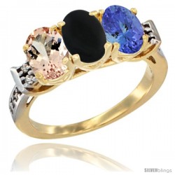 10K Yellow Gold Natural Morganite, Black Onyx & Tanzanite Ring 3-Stone Oval 7x5 mm Diamond Accent