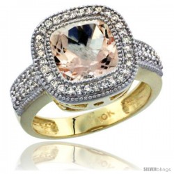 10K Yellow Gold Natural Morganite Ring Diamond Accent, Cushion-cut 9x9 Stone Diamond Accent