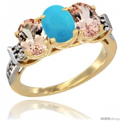 10K Yellow Gold Natural Turquoise & Morganite Sides Ring 3-Stone Oval 7x5 mm Diamond Accent