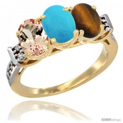 10K Yellow Gold Natural Morganite, Turquoise & Tiger Eye Ring 3-Stone Oval 7x5 mm Diamond Accent