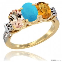 10K Yellow Gold Natural Morganite, Turquoise & Whisky Quartz Ring 3-Stone Oval 7x5 mm Diamond Accent